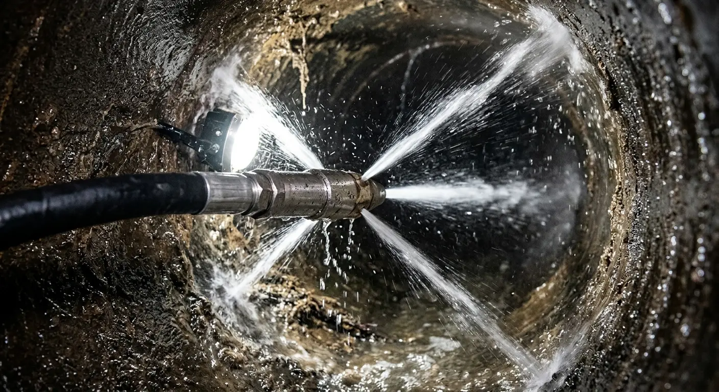 High-pressure hydro jetting nozzle cleaning sewer pipe for Emergency Drain Service in Tamarac