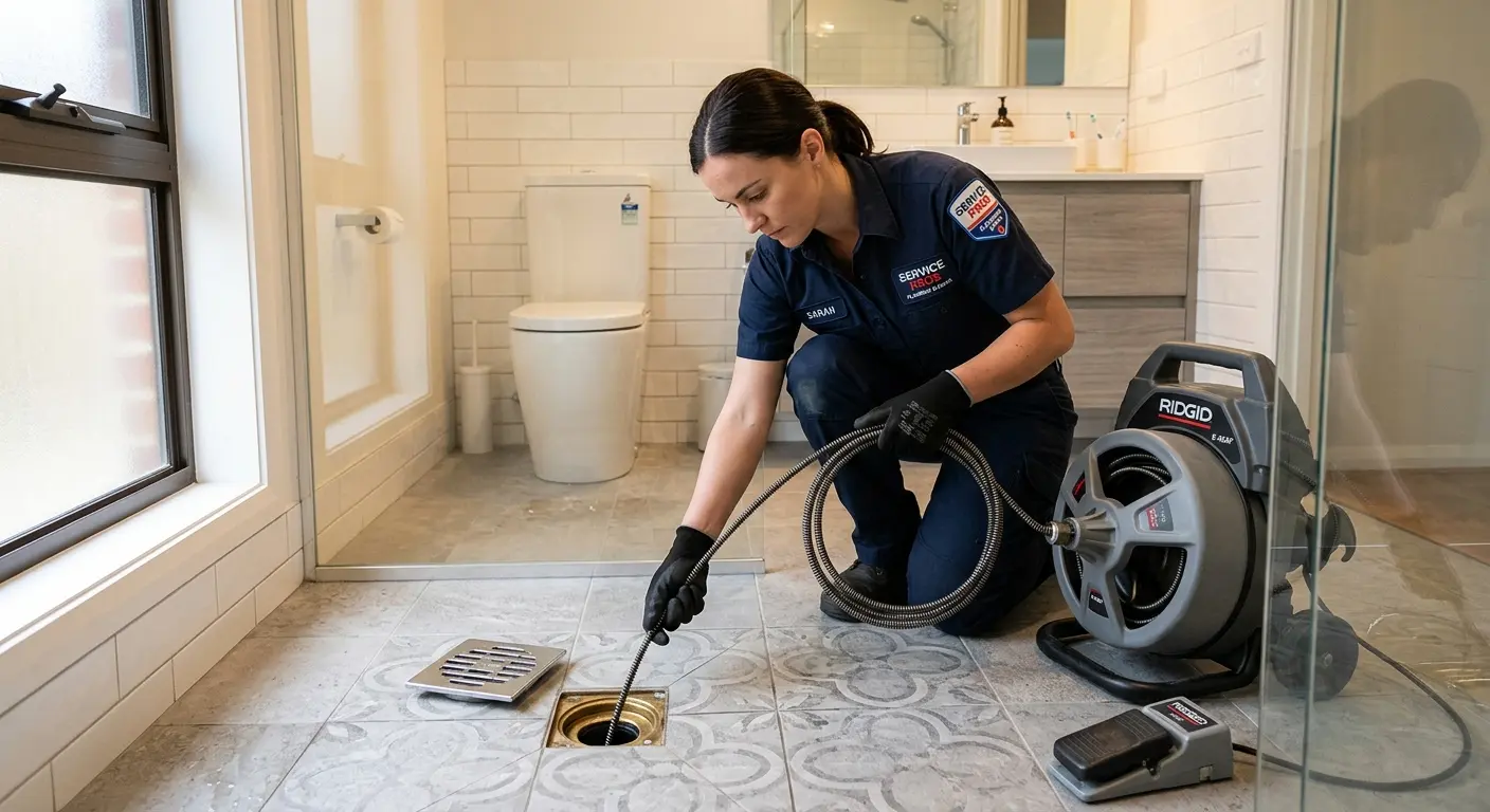 Technician clearing a bathroom floor drain for Sewer Line Replacement in Tamarac